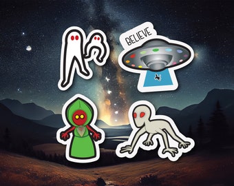 Alien Cryptid Stickers - Fresno Nightcrawler, UFO, Flatwoods Monster, Dover Demon
