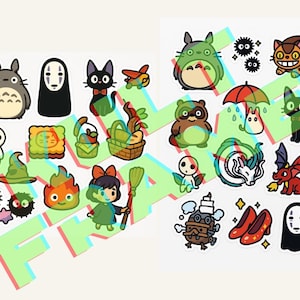 May include: A collection of colorful anime-style stickers featuring various characters. The stickers include a large gray creature, a black cat with a red bow, and a girl with a broom. Other stickers include a dragon and a pair of red shoes.