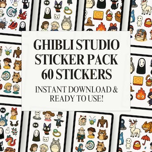 Może przedstawiać: Cyfrowy pakiet naklejek z postaciami z filmów studia Ghibli. Obraz przedstawia różnorodne kolorowe naklejki, w tym postacie z popularnych filmów animowanych. Tekst na obrazie brzmi: "GHIBLI STUDIO STICKER PACK 60 NAKLEJEK NATYCHMIASTOWE POBIERANIE I GOTOWE DO UŻYCIA!"