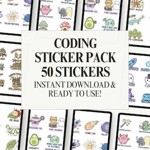 Może przedstawiać: Zestaw 50 naklejek o tematyce kodowania, z różnymi grafikami z kreskówek i tekstem. Naklejki zawierają obrazy awokado, kota, ducha i rakiety. Tekst na naklejkach zawiera "Debugging Fuel".
