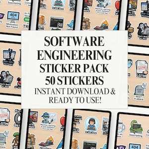 Może przedstawiać: Zestaw 50 naklejek inżynierii oprogramowania. Naklejki przedstawiają różne ilustracje i frazy związane z technologią, w tym "404 Motivation Not Found" i "LGTM". Gotowe do użycia.