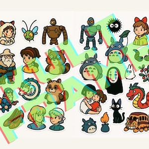 May include: A collection of colorful stickers featuring characters from animated films. The stickers include various characters, such as robots, forest spirits, and a cat bus. The stickers are in a cartoon style with bold outlines and bright colors.