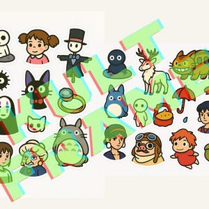 May include: A collection of colorful stickers featuring characters from animated films. The stickers include a variety of designs, such as a forest spirit, a black cat, a deer, and a large, gray, cat-like creature. The stickers are in a variety of shapes and sizes.