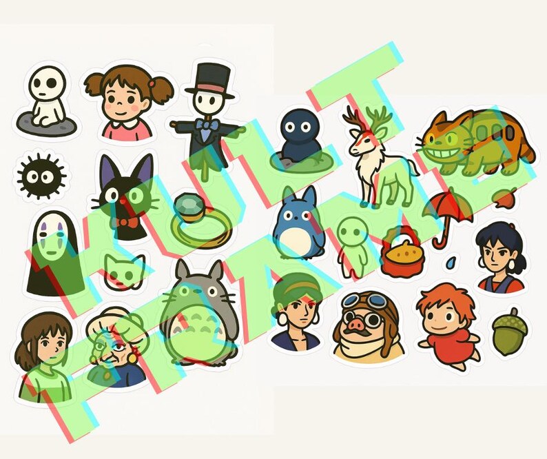 May include: A collection of colorful stickers featuring characters from animated films. The stickers include a variety of designs, such as a forest spirit, a black cat, a deer, and a large, gray, cat-like creature. The stickers are in a variety of shapes and sizes.