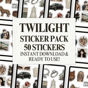 Könnte beinhalten: Eine Sammlung digitaler Aufkleber mit verschiedenen Illustrationen und Bildern. Der zentrale Text lautet "TWILIGHT STICKER PACK 50 STICKERS INSTANT DOWNLOAD & READY TO USE!". Die Aufkleber zeigen einen Wolf, ein Auto, ein Hochzeitskleid und andere Grafiken.