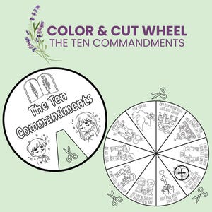 Puede incluir: Una rueda para colorear y recortar con los Diez Mandamientos. La rueda incluye ilustraciones y texto para cada mandamiento, con iconos de tijeras. El diseño es en blanco y negro, con un fondo verde claro y una ramita de lavanda.
