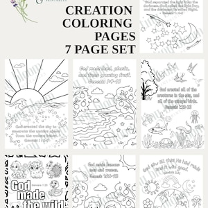 May include: A 7-page set of creation coloring pages. Each page features a different scene from the Bible, including the creation of the sun, moon, stars, land, plants, animals, and humans. The pages are black and white line drawings with text.
