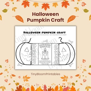 May include: A black and white Halloween Pumpkin Craft printable with the text "Halloween Pumpkin Craft". The design includes a pumpkin outline with a jack-o'-lantern face and the text "Jesus Shines Inside of Me!"