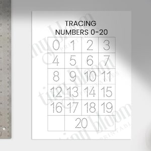 May include: A white paper with the text "TRACING NUMBERS 0-20" at the top. Below are numbers 0-20 in a grid format, designed for tracing. A metal ruler is on the left side of the image.