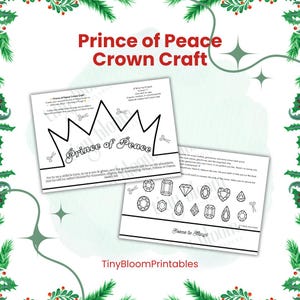Könnte beinhalten: Zwei bedruckbare Seiten für ein "Prince of Peace Crown Craft". Die erste Seite zeigt eine Kronen-Umrisslinie mit den Worten "Prince of Peace". Die zweite Seite hat Edelstein-Umrisse. Der Text "TinyBloomPrintables" steht unten.