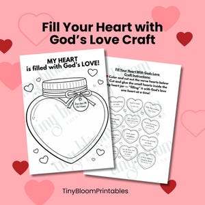 Pode incluir: Artesanato imprimível em preto e branco intitulado "Encha seu coração com o amor de Deus". O artesanato inclui um pote em forma de coração e corações menores com versículos bíblicos. O texto "MY HEART is filled with God's LOVE!" também é visível.