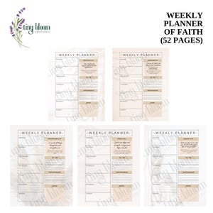 Op de afbeelding: Een verzameling beige en witte weekplanners met de tekst "WEEKLY PLANNER OF FAITH (52 PAGES)". Elke planner heeft secties voor dagelijkse planning, afspraken en notities, met inspirerende citaten.