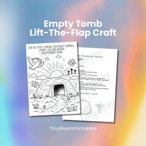 以下が含まれることがあります： 「Empty Tomb Lift-The-Flap Craft」の文字が入った2枚の白い紙。1枚は、「HE IS NOT HERE, HE HAS RISEN, JUST AS HE SAID! MATTHEW 28:6」の文字と、空の墓の白黒イラストが描かれています。