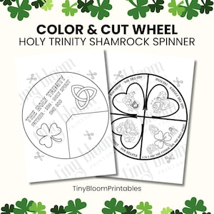 Könnte beinhalten: Zwei weiße, bedruckbare Blätter mit schwarzen Umrissen für ein Farb- und Ausschneide-Rad. Der Text lautet "COLOR & CUT WHEEL HOLY TRINITY SHAMROCK SPINNER". Ein Rad hat ein Kleeblatt, einen keltischen Knoten und Text. Das andere Rad hat vier Abschnitte mit religiösen Bildern.