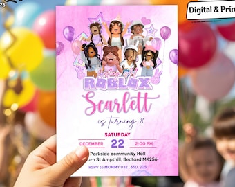 Invitación de cumpleaños personalizada de Roblox: Fiesta de videojuegos, invitación para niña (PNG o impresa)