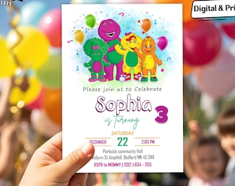 Invitación de cumpleaños personalizada de dinosaurio morado: temática de Barney