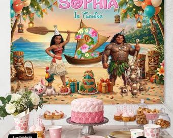 Personalized Moana Birthday Backdrop, Tropical Beach Party Banner, Custom Name Age Decor