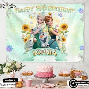 Può includere: Un banner di compleanno con Elsa, Anna e Olaf di Frozen, con la scritta "HAPPY 2ND BIRTHDAY SOPHIA". Il banner è decorato con girasoli, farfalle e fiocchi di neve. Una torta e dei cupcake sono sul tavolo.