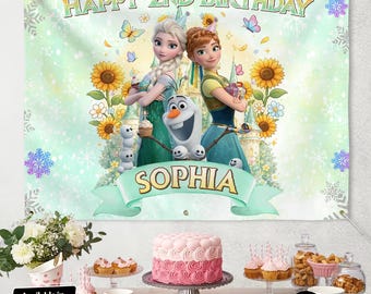 Sfondo personalizzato a tema Frozen Fever, striscione per feste a tema principesse estive, digitale o stampato.