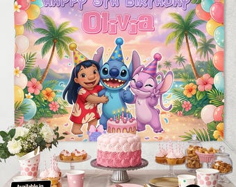Personalized Lilo Stitch Birthday Backdrop, Custom Name Age Tropical Party Banner, Digital or Printed
