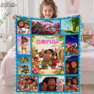 May include: A personalized fleece blanket featuring scenes and characters from the animated movie Moana. The blanket has a blue border and includes the name "Sophia" in pink letters. The blanket is a collage of colorful images from the film.