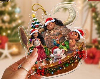 Custom Moana Christmas Ornament 2026, Acrylic Canoe Ornament with Santa Hat Ocean Crew, Christmas Tree Decor Gift for Girls