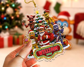 Personalized Freddy Christmas Ornament 2026, Custom Shaped Acrylic Five Nights Ornament, Gamer Gift for Kids Christmas Tree