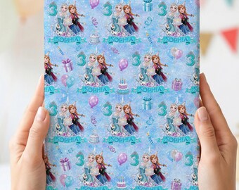 Personalized Frozen Princess Wrapping Paper, Custom Name Snowflake Birthday Gift Wrap