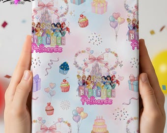 Personalized Disney Princess Wrapping Paper, Custom Name Age Birthday Gift Wrap for Girls