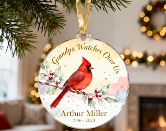 Watercolor Cardinal Memorial Ornament for Grandpa or Grandma, Personalized Christmas Keepsake from Grandkids