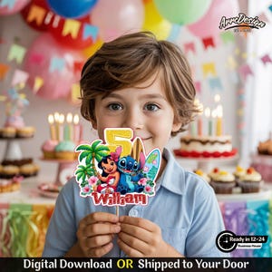 May include: A colorful birthday cake topper featuring the number 5 in gold glitter, with the characters Lilo and Stitch, palm trees, and a surfboard. The name "William" is written in red. The background includes balloons and a birthday cake.