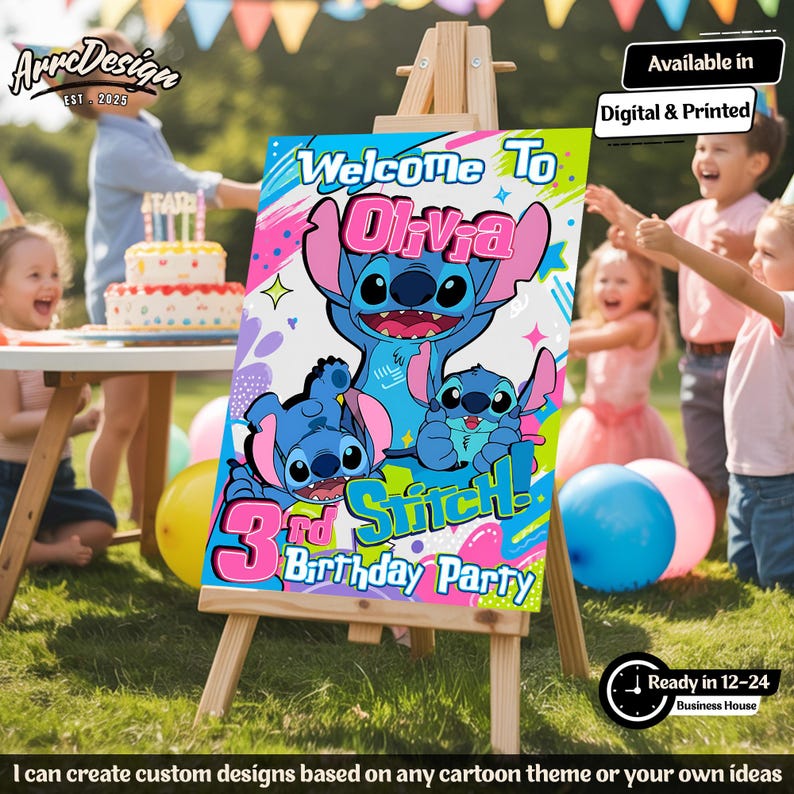May include: A colorful sign on an easel with the text "Welcome to Olivia" and "3rd Stitch Birthday Party" featuring the character Stitch. The sign is surrounded by children and balloons, suggesting a birthday party theme. The sign is available in digital and printed formats.