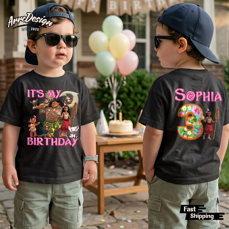 May include: Black t-shirt with a colorful graphic featuring characters from a popular animated movie. The front of the shirt says "IT'S MY BIRTHDAY" in pink. The back of the shirt says "Sophia" and the number "3".