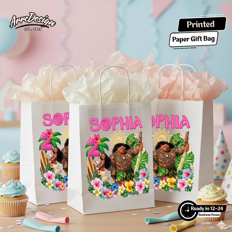 May include: White paper gift bags with handles, featuring a colorful design with the name "Sophia" in pink, a number "2", and a cartoon character. The bags are filled with tissue paper and are ready in 12-24 business hours.