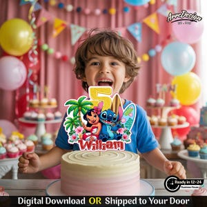 May include: A birthday cake with a topper featuring the number 5, Lilo & Stitch characters, and the name "William." The cake is two-toned, with a light pink and white frosting. The background includes balloons and party decorations.