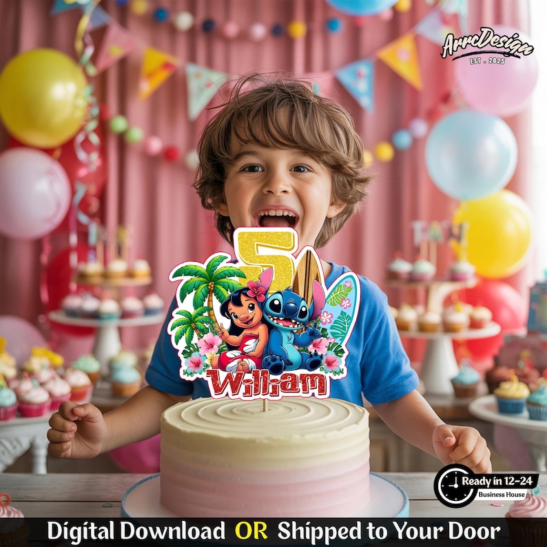 May include: A birthday cake with a topper featuring the number 5, Lilo & Stitch characters, and the name "William." The cake is two-toned, with a light pink and white frosting. The background includes balloons and party decorations.