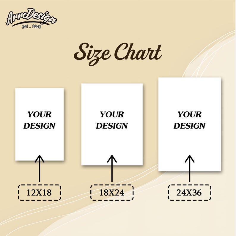 May include: A size chart graphic with three white rectangular canvases labeled "YOUR DESIGN". Below each canvas are size options: 12x18 inches, 18x24 inches, and 24x36 inches. The text "Size Chart" is in a decorative font.