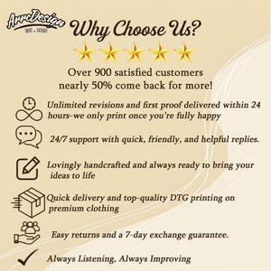 May include: A graphic with the text "Why Choose Us?" and five gold stars. The text highlights customer satisfaction, revisions, support, handcrafted items, quick delivery, and easy returns. The logo "Arre Design" is at the top.