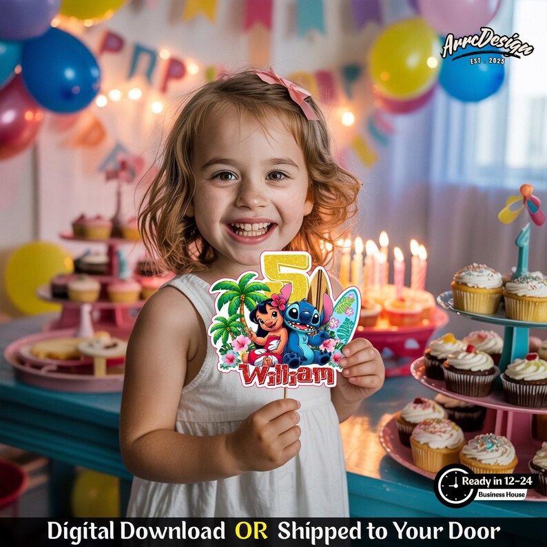 May include: A young girl smiles, holding a colorful birthday cake topper featuring the characters Lilo and Stitch, a palm tree, and the number 5. The topper also includes the name "William". The background includes cupcakes, balloons, and a lit birthday cake.