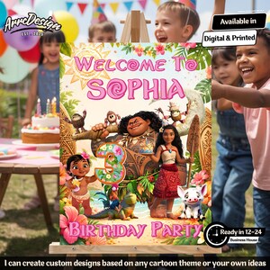 May include: A colorful birthday party sign featuring the text "Welcome to Sophia" and "Birthday Party." The sign includes cartoon characters and the number "3." The sign is available in digital and printed formats.