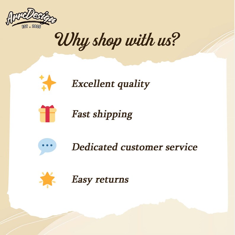 May include: A graphic with the text "Why shop with us?" and the ArreDesign logo. The image lists "Excellent quality", "Fast shipping", "Dedicated customer service", and "Easy returns" with corresponding icons.
