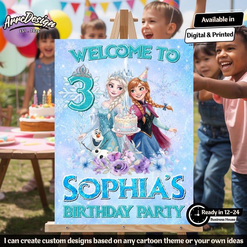 K&ouml;nnte beinhalten: Ein rechteckiges Geburtstagsparty-Schild mit dem Text Welcome to 3 Sophia's Birthday Party. Das Design enth&auml;lt Illustrationen von zwei Zeichentrickfiguren, einem Schneemann, einer Geburtstagstorte und lila Blumen auf hellblauem Hintergrund.