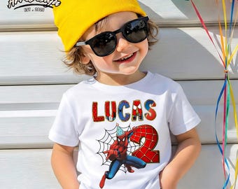 Gepersonaliseerde Spiderman-verjaardagsshirt, aangepaste naam superheldenfeestje