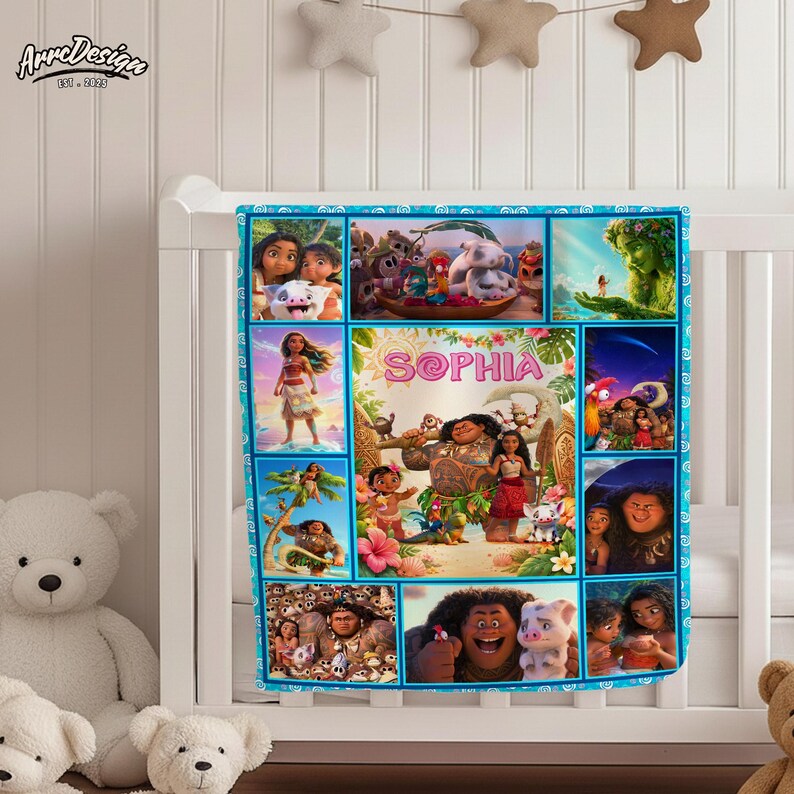 May include: A personalized baby blanket featuring a collage of images from the animated movie "Moana." The blanket has a blue border and includes the name "Sophia" in pink letters. The design incorporates various characters and scenes from the film.
