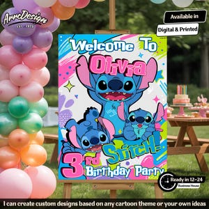 May include: A colorful birthday party sign featuring the character Stitch from Lilo & Stitch. The sign says "Welcome to Olivia" and "3rd Birthday Party". The sign is on an easel, with balloons in the background.