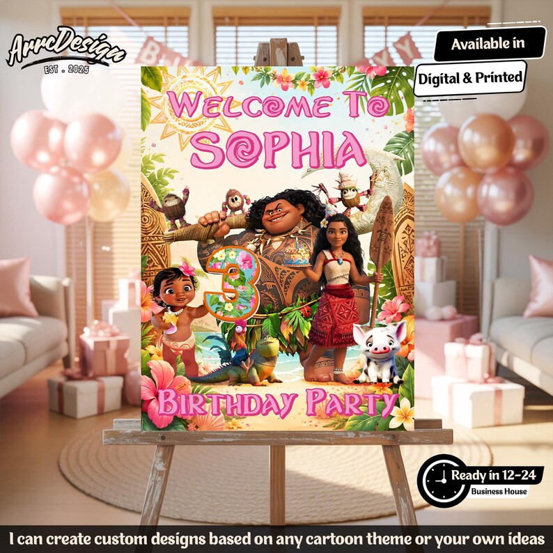 May include: A custom birthday party sign featuring the text "Welcome to Sophia" with a colorful design. The sign includes cartoon characters and the words "Birthday Party". The sign is displayed on an easel.