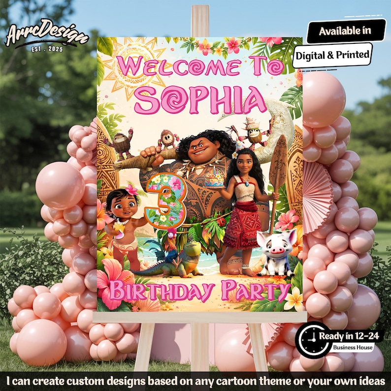 May include: A birthday party sign featuring characters from a popular animated movie. The sign reads "Welcome to Sophia" and "Birthday Party". The sign is decorated with pink flowers and a number 3.