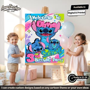 May include: A colorful birthday party sign featuring the character Stitch from the Disney movie. The sign says "Welcome to Olivia" and "3rd Birthday Party". The sign is on an easel, with two children and balloons in the background.