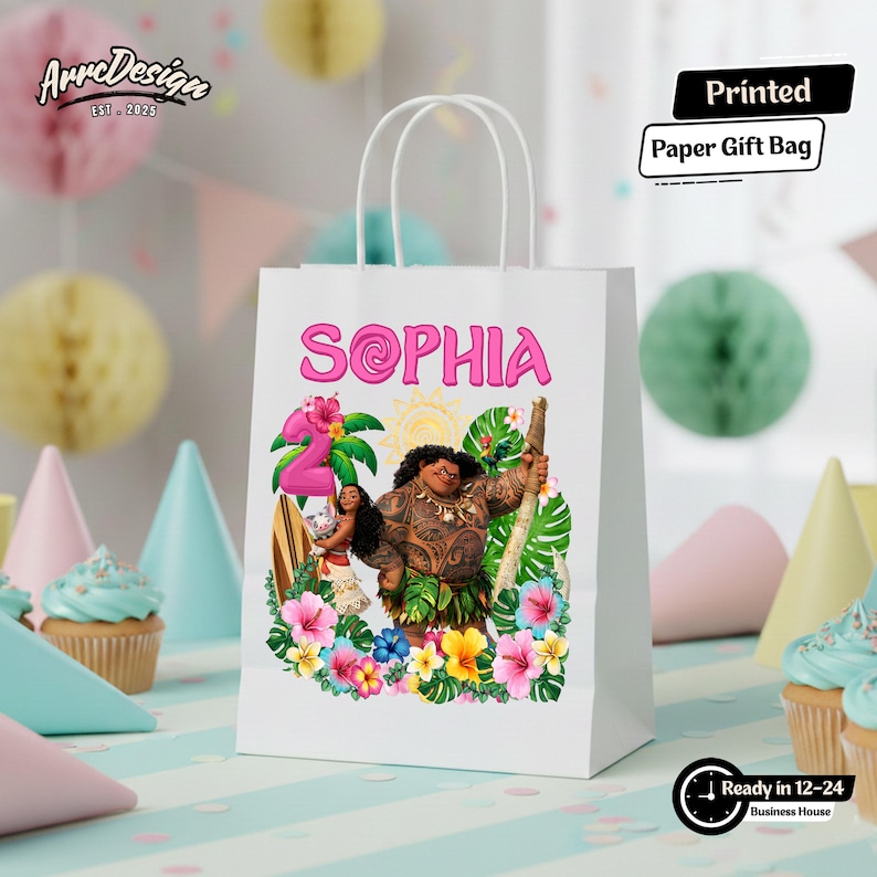 May include: White paper gift bag with the name "Sophia" in pink, featuring a colorful illustration of characters from a popular animated movie. The bag has white handles and the text "Printed Paper Gift Bag".