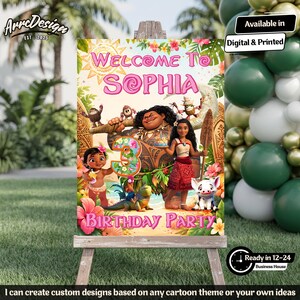 May include: A colorful birthday party sign featuring characters from the animated movie Moana. The sign says "Welcome to Sophia" and "Birthday Party". The number "3" is prominently displayed. The sign is on an easel.